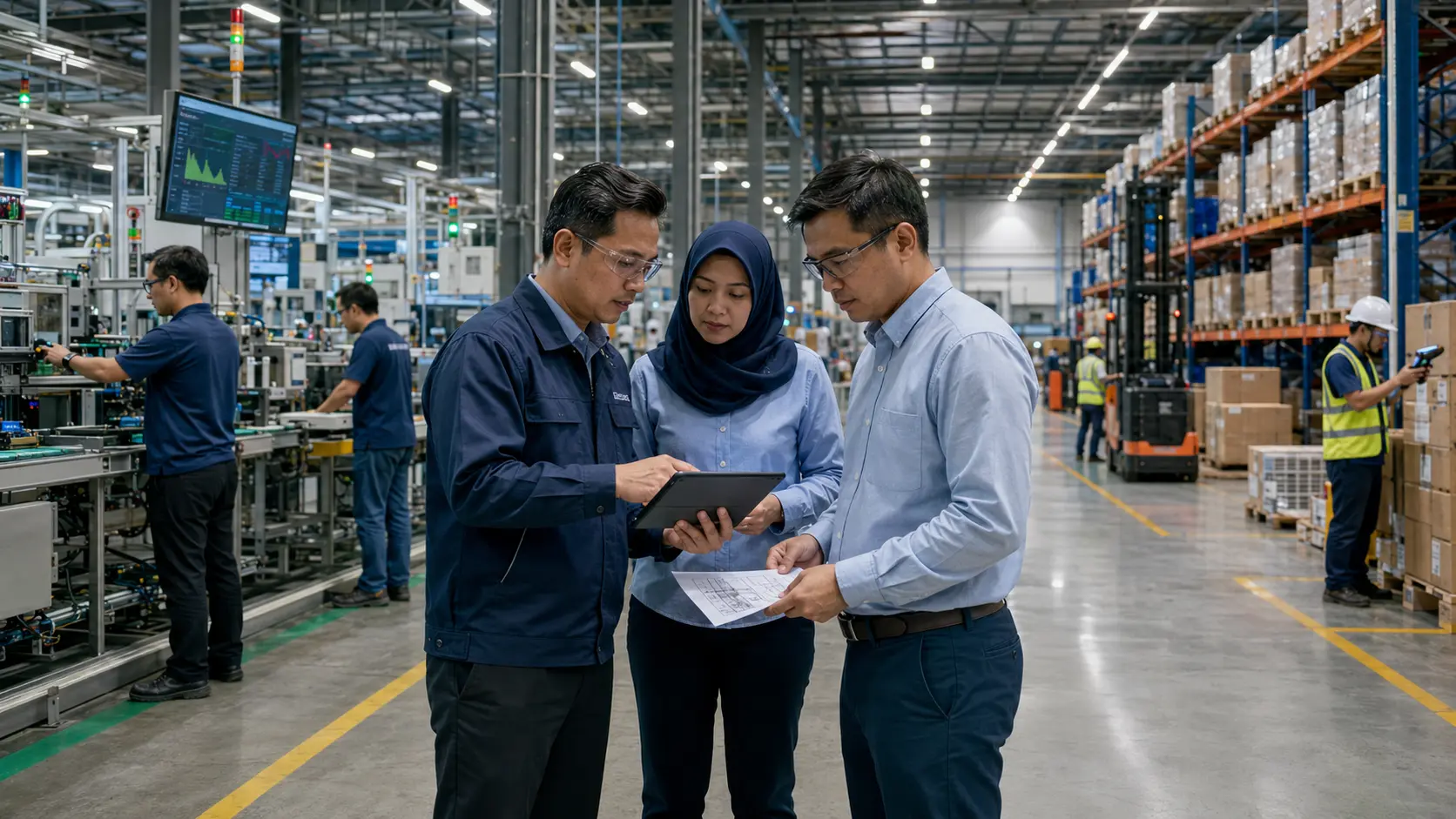 Malaysian operational leaders reviewing data across factory and warehouse operations